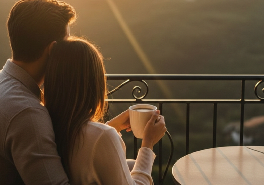 A man and woman enjoying a romantic couple date night, sitting closely on a balcony at sunset; the woman holds a white mug while they look out over a hazy valley and distant coastline in the warm golden light.