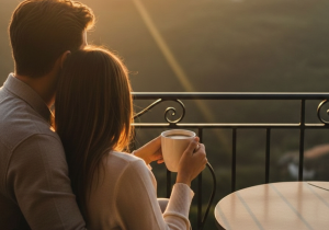 A man and woman enjoying a romantic couple date night, sitting closely on a balcony at sunset; the woman holds a white mug while they look out over a hazy valley and distant coastline in the warm golden light.
