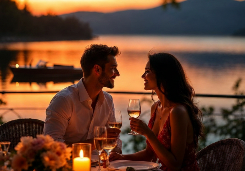 A man and woman enjoying a romantic couple date night with a candlelit dinner on a patio overlooking a calm lake at sunset; they are holding wine glasses and smiling at each other.
