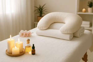 Prenatal massage spa setup with pregnancy pillow, candles, and essential oils