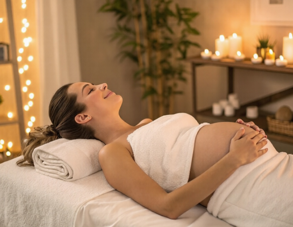 Pregnant woman relaxing during prenatal massage in a calming spa setting