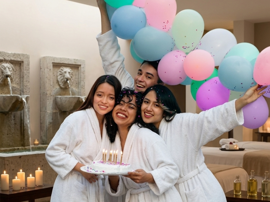 Happy group in white robes celebrating a birthday with cake and balloons at a high-end spa.