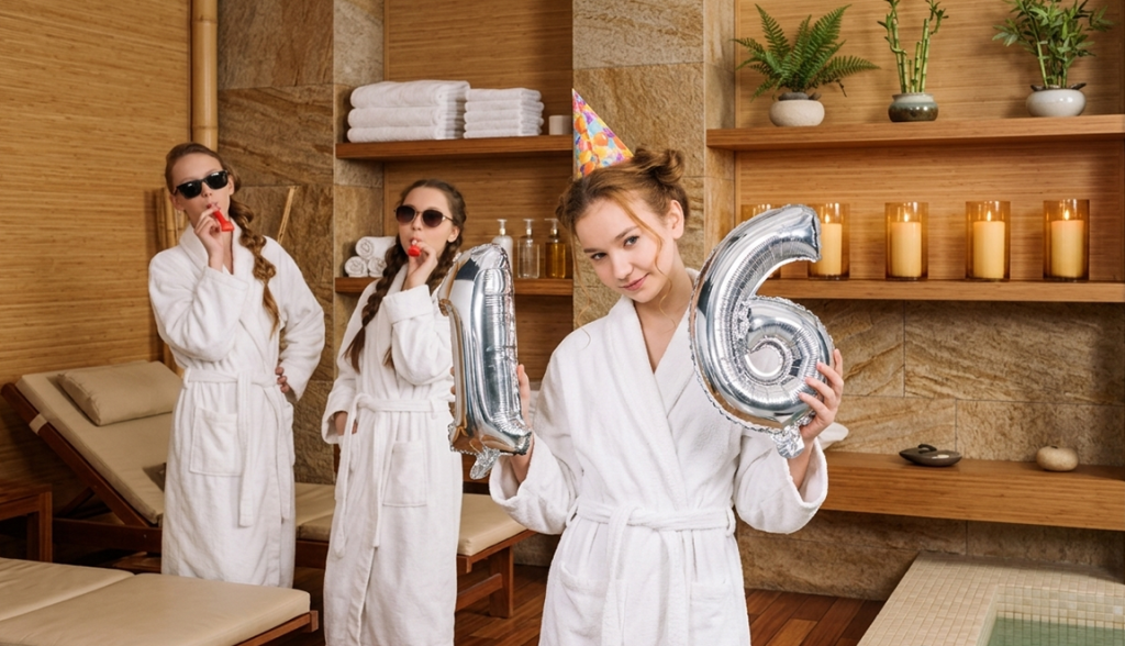 Teenage girls celebrating a 16th birthday at a spa wearing white robes and party hats by a pool.